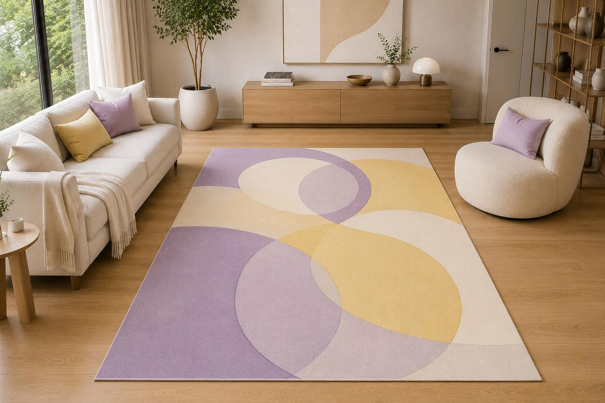 ICE ARMOR 5' x 7' Modern Geometric Circle Area Rug for Living Room, Soft Low Pile Indoor Rug with Non-Slip Silicone Backing, Decorative Carpet for Bedroom, Office, Family Room, Lavender