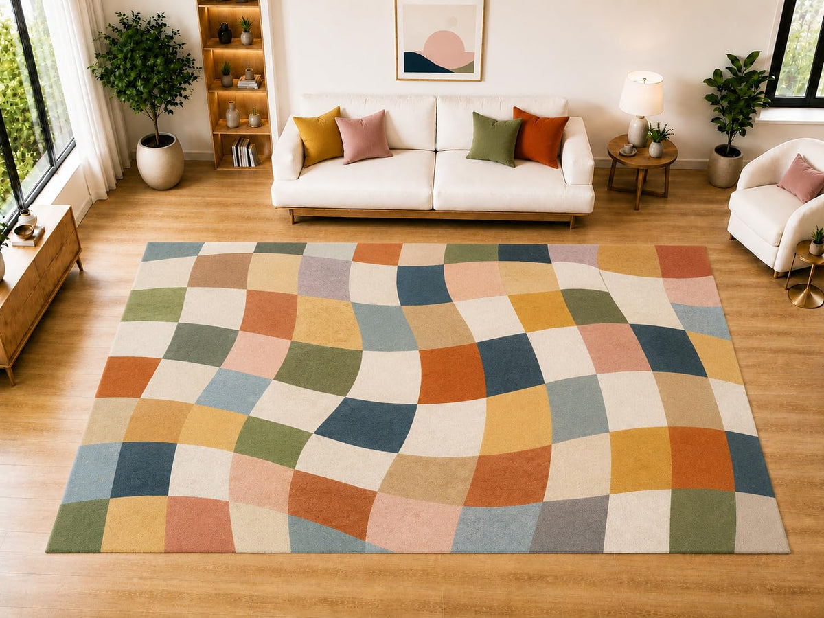 ICE ARMOR "Ultra Light Weight Large 6'7 x 9'10 Wavy Checker Pattern Area Rug for Living Room, Dining Room, and Bedroom, Soft Low Pile Indoor Rug, Modern Decorative Floor Decor