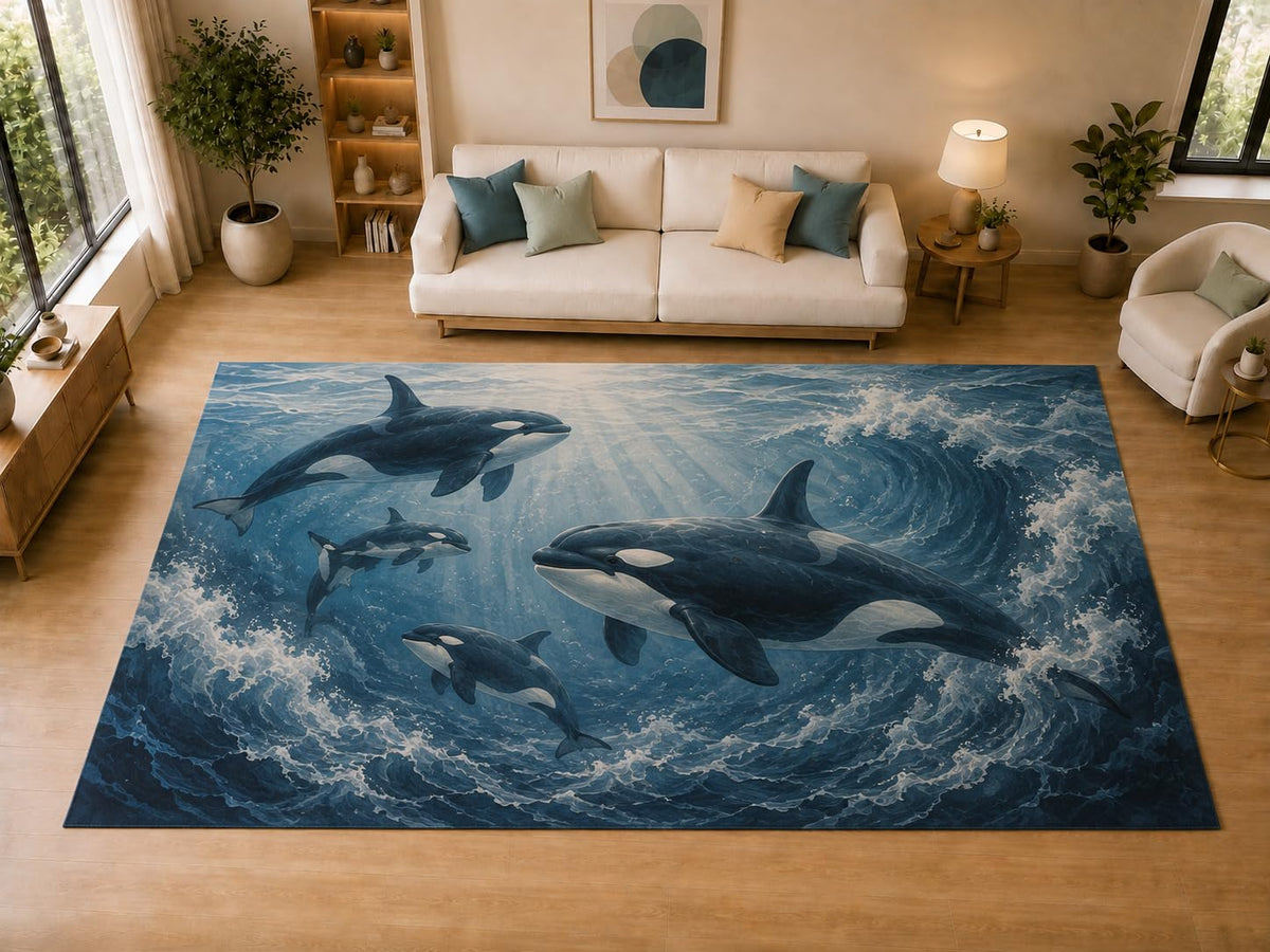 ICE ARMOR "Ultra Light Weight Large 6'7" x 9'10" Orca Ocean, Living Room, Bedroom, Dining Room, Office, Family Room, Soft Low Pile Indoor Rug, Non-Slip Silicone Backing, Blue
