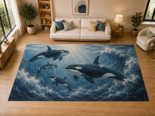 ICE ARMOR "Ultra Light Weight Large 6'7" x 9'10" Orca Ocean, Living Room, Bedroom, Dining Room, Office, Family Room, Soft Low Pile Indoor Rug, Non-Slip Silicone Backing, Blue