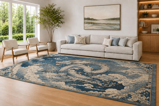 ICE ARMOR Large 6'7" x 9'10" Blue and Cream Cloud Dragon Area Rug for Living Room, Soft Low Pile Carpet with Non-Slip Silicone Backing, Decor for Bedroom and Home Office