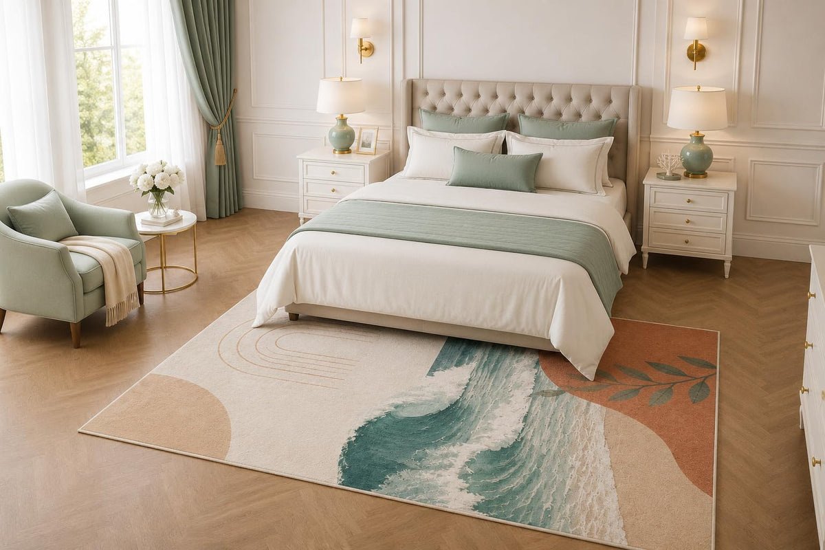 ICE ARMOR 5' x 7' Modern Ocean Wave Area Rug, Abstract Coastal Leaf Beach Living Room Bedroom Decor, Non-Slip Silicone Backing Low Pile Carpet