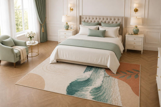ICE ARMOR 5' x 7' Modern Ocean Wave Area Rug, Abstract Coastal Leaf Beach Living Room Bedroom Decor, Non-Slip Silicone Backing Low Pile Carpet