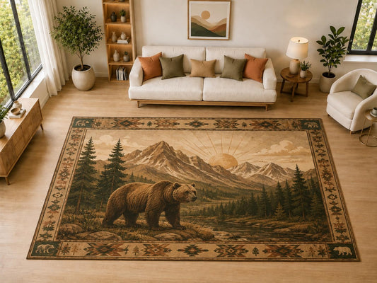 ICE ARMOR "Ultra Light Weight Large 6'7" x 9'10" Bear Mountain Sunset Decor, Living Room, Bedroom, Dining Room, Office, Family Room, Soft Low Pile Indoor Rug, Non-Slip Silicone Backing, Brown