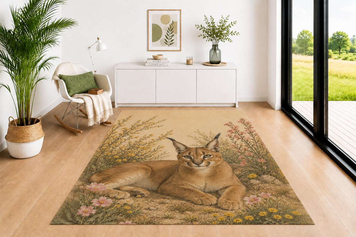 ICE ARMOR 5' x 7' Caracal Wild Cat Area Rug for Living Room, Soft Low Pile Indoor Rug with Non-Slip Silicone Backing, Decorative Carpet for Bedroom, Office, Kids & Pets, Brown