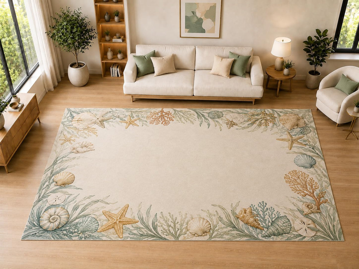 ICE ARMOR "Ultra Light Weight Large 6'7" x 9'10" Coastal Shell Border, Living Room, Bedroom, Dining Room, Office, Family Room, Soft Low Pile Indoor Rug, Non-Slip Silicone Backing, Beige