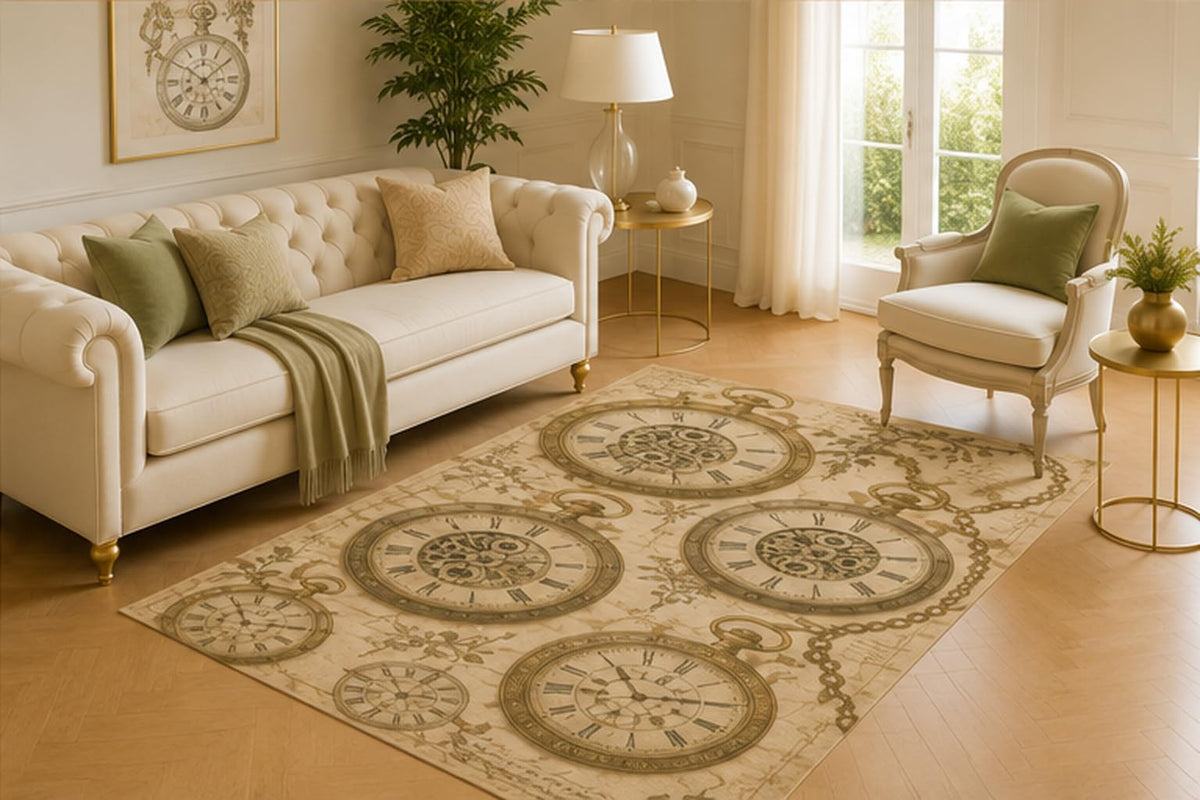 ICE ARMOR 5' x 7' Antique Pocket Watch Area Rug for Living Room, Soft Low Pile Floor Cover with Non-Slip Silicone Backing for Bedroom, Dining Room, Office, Kids and Pets