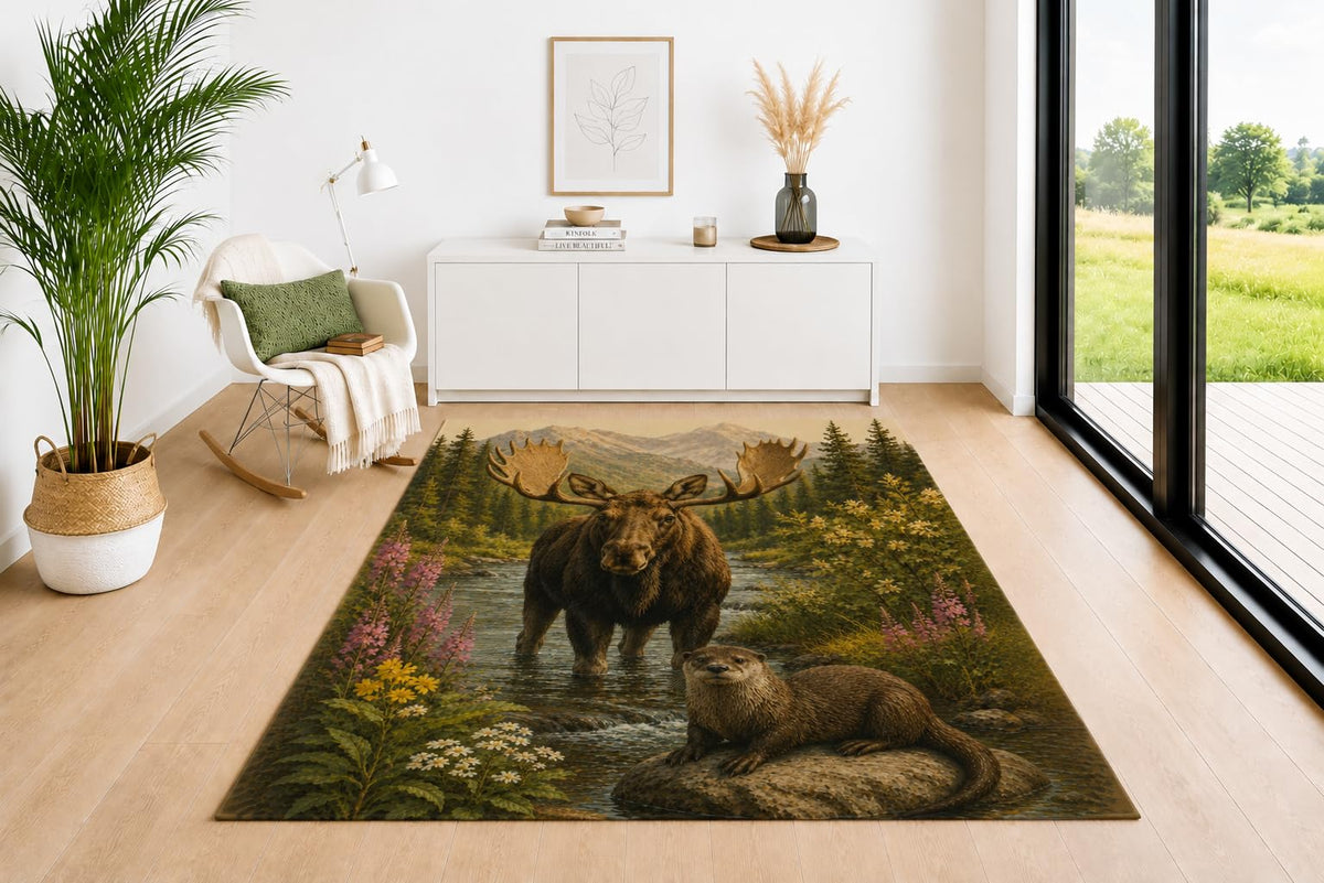 ICE ARMOR 5' x 7' Moose and Otter Area Rug, Soft Low Pile Indoor Carpet with Non-Slip Silicone Backing for Living Room, Bedroom, Dining Space, Office, Kids & Pets, Brown
