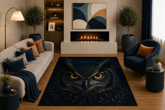 ICE ARMOR "Ultra Light Weight 5' x 7' Black Gold Owl Area Rug Dark Wildlife Bird Portrait Art for Living Room Bedroom Office Decor Non-Slip Silicone Backing Low Pile