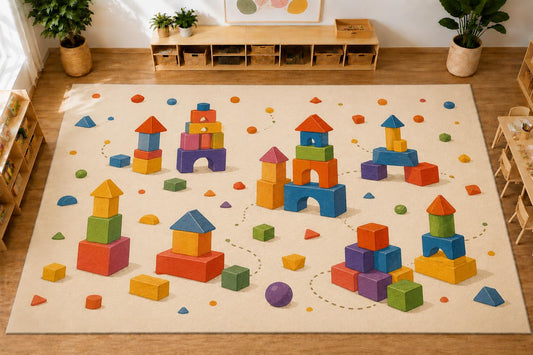 ICE ARMOR Large 6'7" x 9'10" Colorful Building Blocks Area Rug, Soft Low Pile Indoor Rug with Non-Slip Silicone Backing for Kids Room Playroom, Ivory