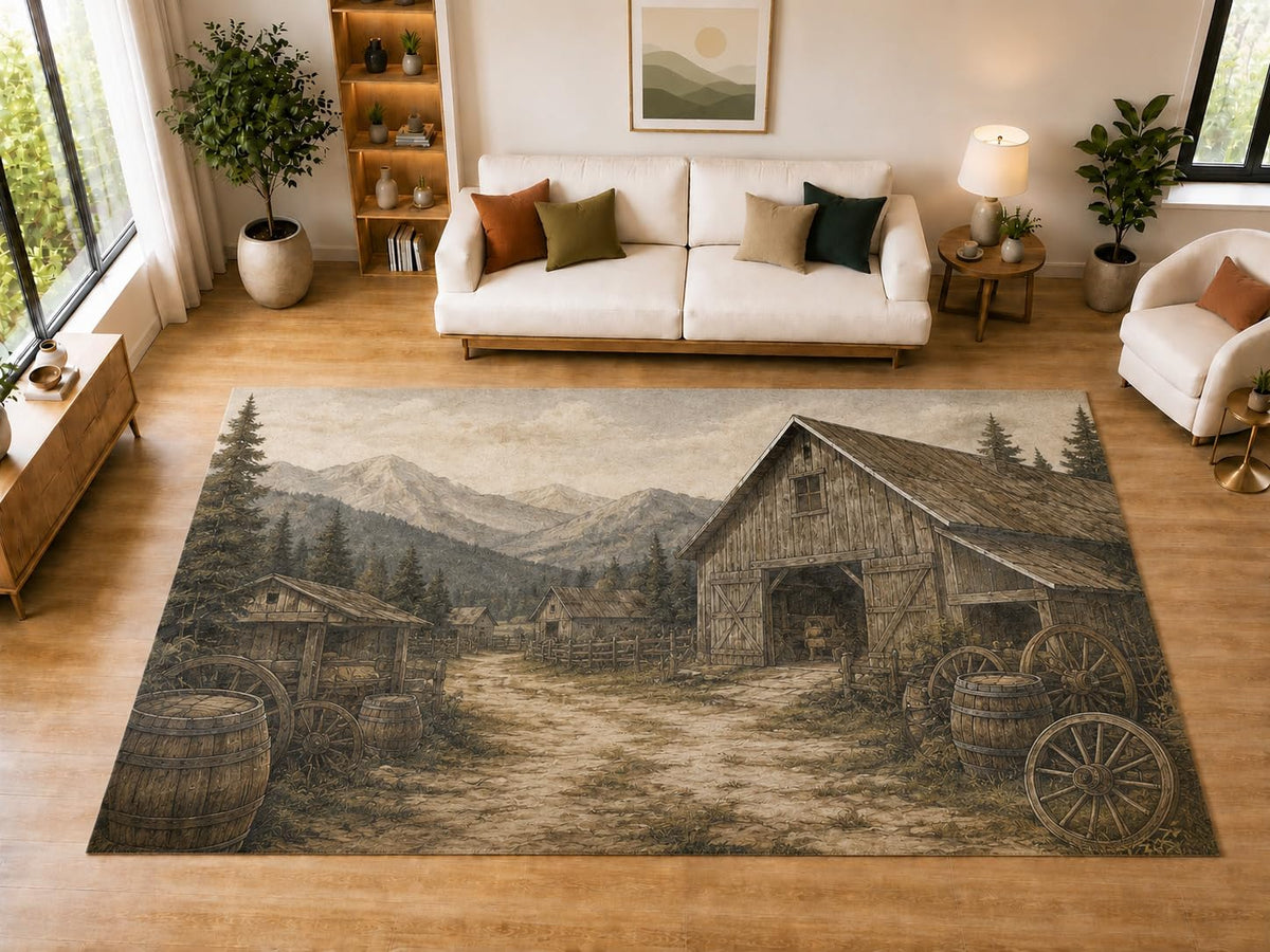 ICE ARMOR "Ultra Light Weight Large 6'7" x 9'10" Pioneer Wagons Area Rug for Dining, Living Room, Bedroom, Soft Low Pile Indoor Rug with Non-Slip Silicone Backing, Brown Gray
