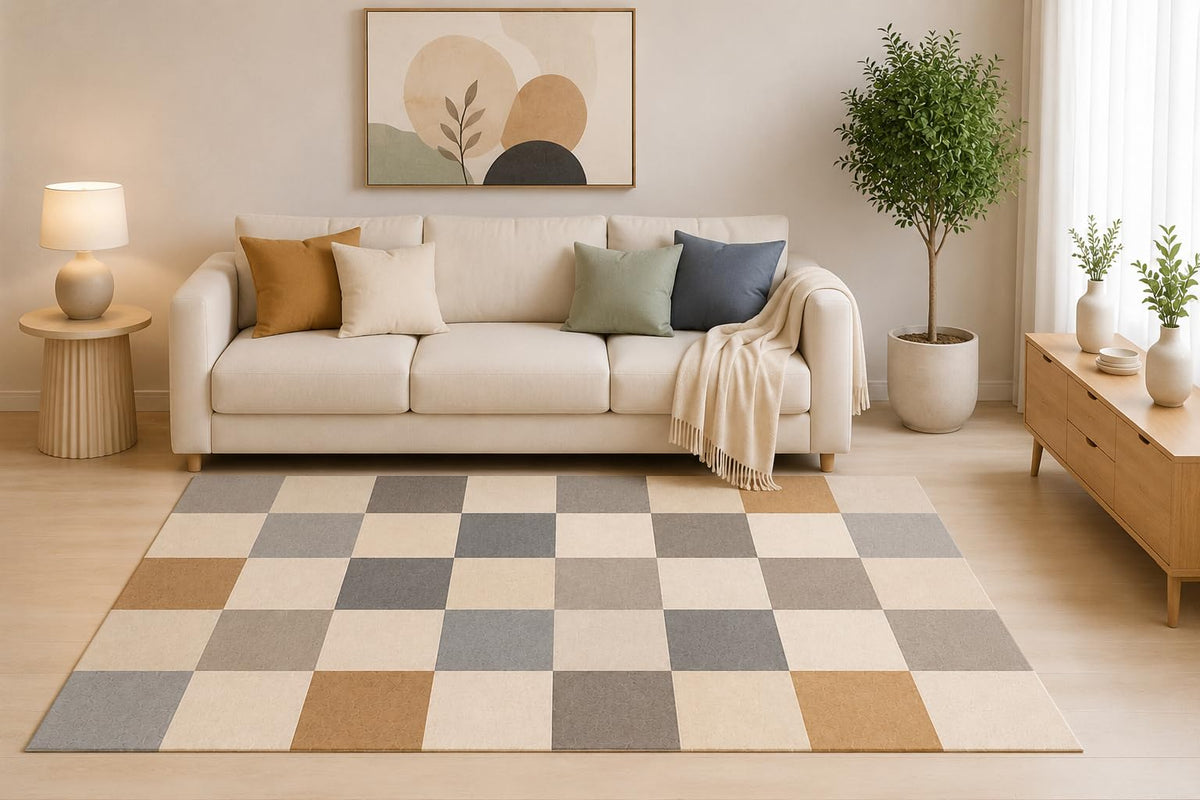 ICE ARMOR 5' x 7' Checkerboard Area Rug, Neutral Beige Gray Modern Tile Pattern for Living Room Bedroom Dining Room, Non-Slip Silicone Backing, Low Pile Carpet