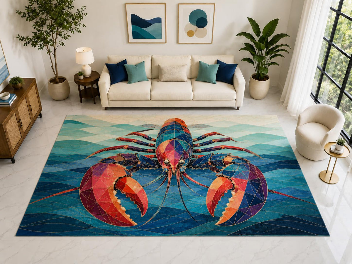 ICE ARMOR "Ultra Light Weight Large 6'7" x 9'10" Geometric Lobster Rug, Soft Low Pile Indoor Rug, Non-Slip Silicone Backing for Living Room Blue