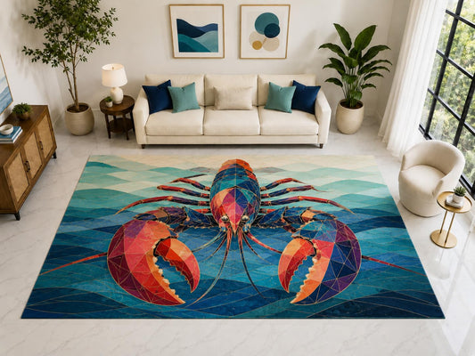 ICE ARMOR "Ultra Light Weight Large 6'7" x 9'10" Geometric Lobster Rug, Soft Low Pile Indoor Rug, Non-Slip Silicone Backing for Living Room Blue