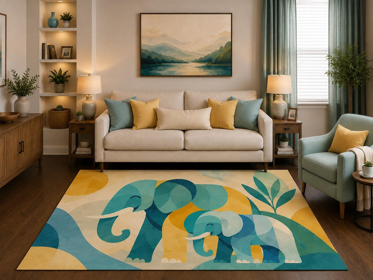 ICE ARMOR 5' x 7' Abstract Elephant Area Rug Modern Wildlife Safari Animal Art Living Room Bedroom Nursery Kids Room Decorative Carpet Non-Slip Silicone Backing Low Pile