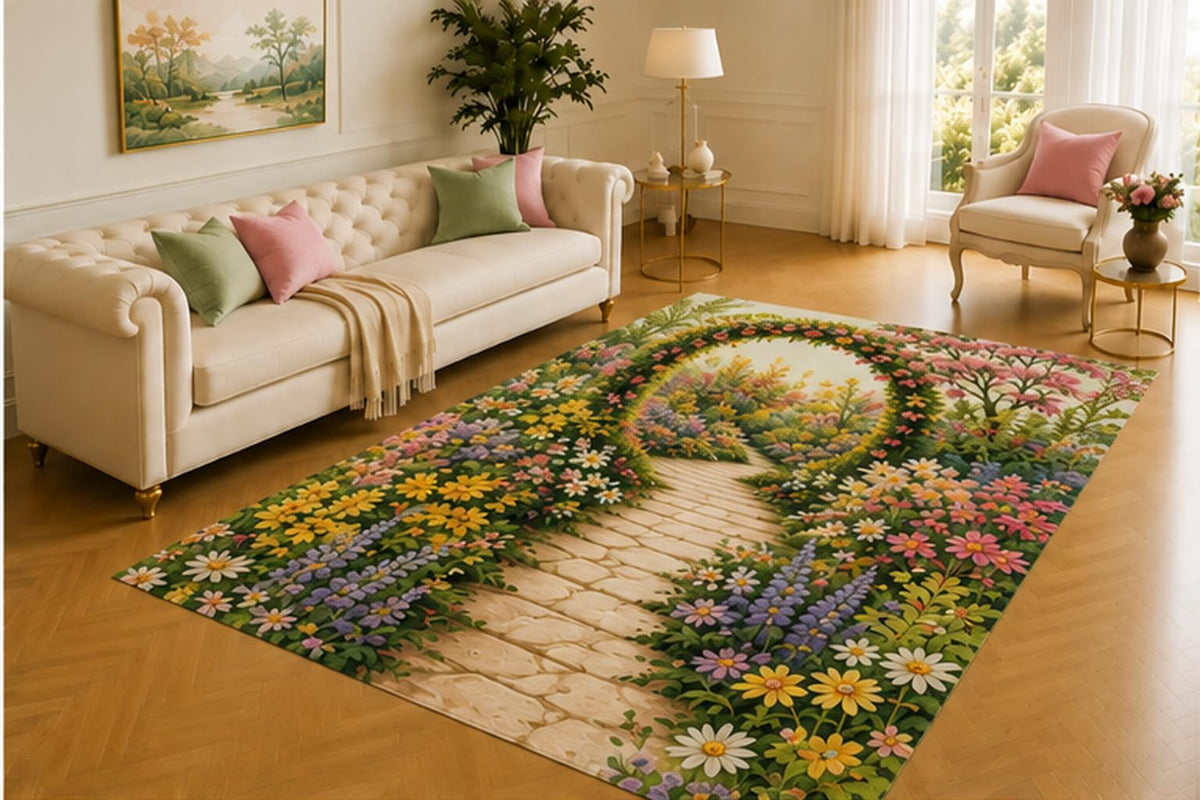 ICE ARMOR 5' x 7' Floral Arch Path Rug, Stone Walkway Beneath a Blooming Garden Arbor, Romantic Decor for Living Room, Bedroom, Entryway or Reading Nook