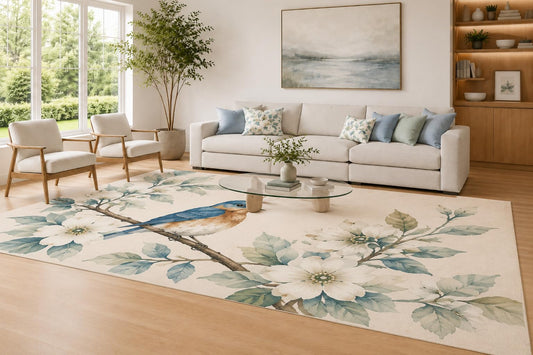 ICE ARMOR Large 6'7" x 9'10" Soft Blue and Cream Bird Blossom Area Rug for Living Room, Soft Low Pile Carpet with Non-Slip Silicone Backing, Branch Flower Decor for Bedroom Home Office