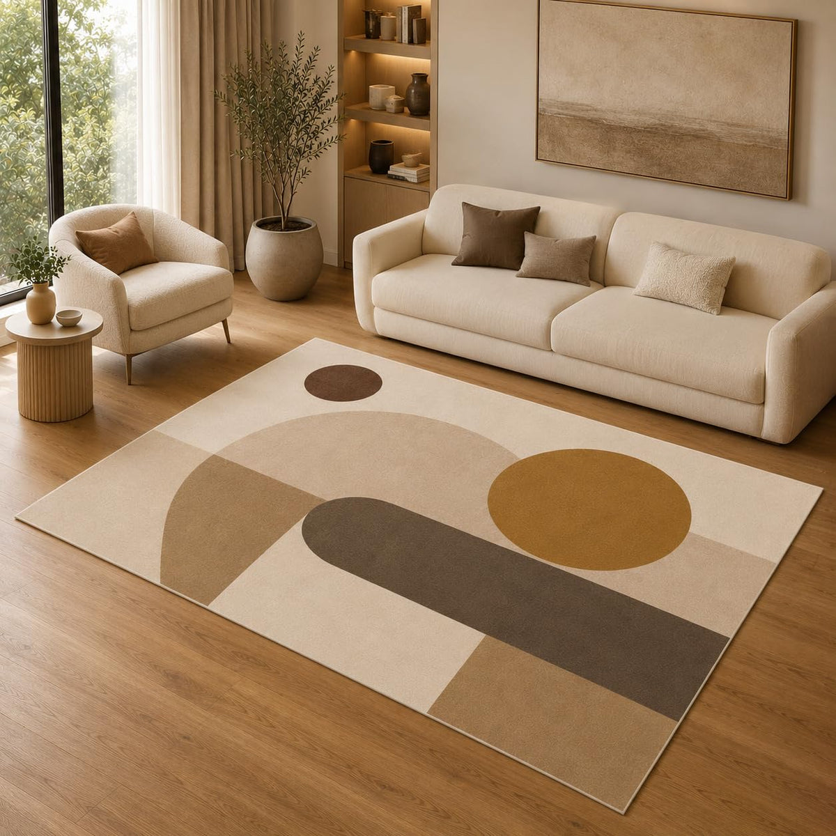 ICE ARMOR 5' x 7' Modern Geometric Circle Area Rug for Living Room, Soft Low Pile Indoor Rug with Non-Slip Silicone Backing, Decorative Carpet for Bedroom, Office, Family Room, Beige