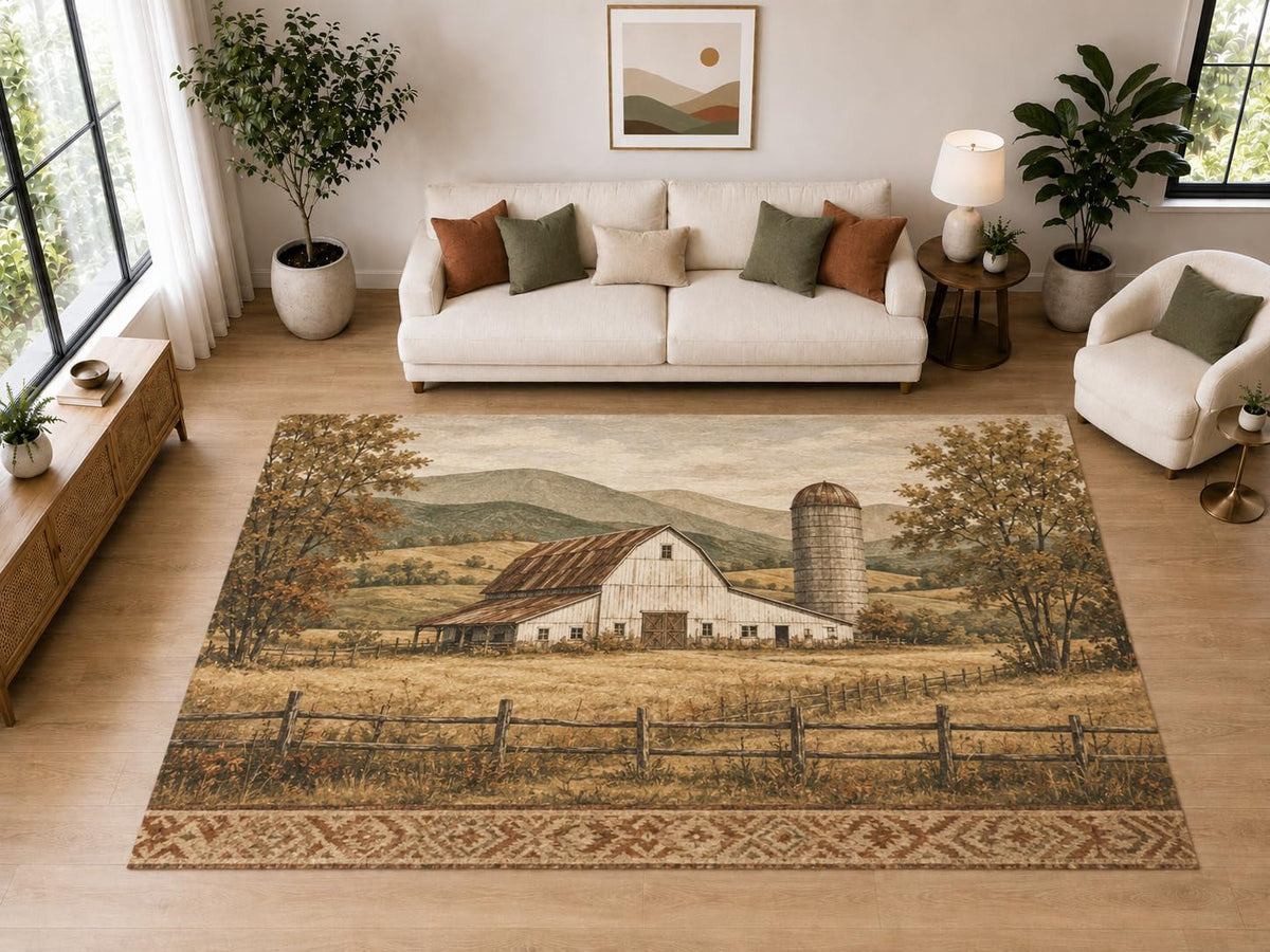 ICE ARMOR "Ultra Light Weight Large 6'7" x 9'10" White Barn Silo Area Rug for Dining, Living Room, Bedroom, Soft Low Pile Indoor Rug with Non-Slip Silicone Backing, Beige Brown