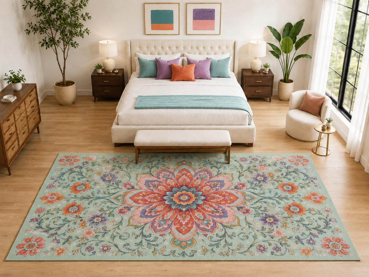 ICE ARMOR "Ultra Light Weight Large 6'7" x 9'10" Pastel Floral Mandala Rug, Soft Low Pile Indoor Rug, Non-Slip Silicone Backing for Bedroom Aqua
