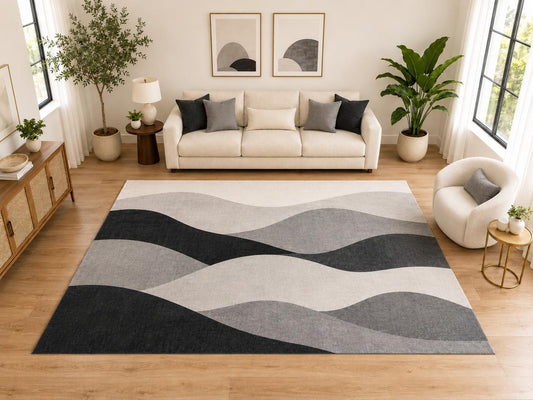 ICE ARMOR "Ultra Light Weight Large 6'7" x 9'10" Modern Wavy Stripe Area Rug, Soft Low Pile Indoor Rug and Non-Slip Silicone Backing for Living Room Office, Gray
