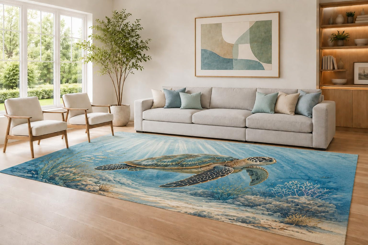 ICE ARMOR Large 6'7" x 9'10" Blue and Beige Sea Turtle Area Rug for Living Room, Soft Low Pile Carpet with Non-Slip Silicone Backing, Decor for Bedroom Dining Room and Home Office