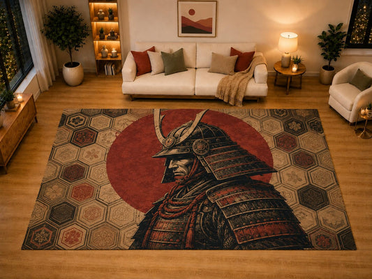 ICE ARMOR "Ultra Light Weight Large 6'7" x 9'10" Kabuto Armor Area Rug for Living Room Bedroom Dining Area, Soft Low Pile Non-Slip Backing, Beige Red Black Vintage Decor