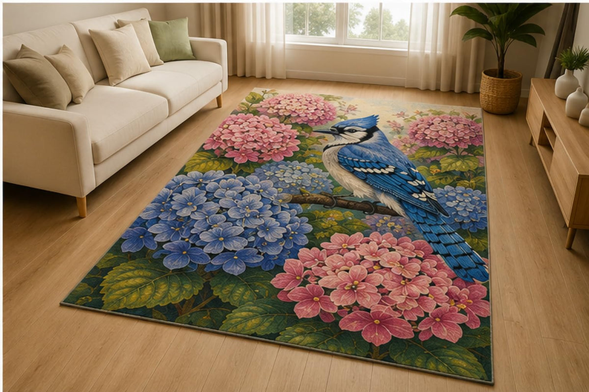 ICE ARMOR 5' x 7' Blue Jay Hydrangea Garden Area Rug for Living Room, Soft Low Pile Indoor Rug with Non-Slip Silicone Backing, Floral Bird Decor for Bedroom, Office, Family Room, Blue Pink Green