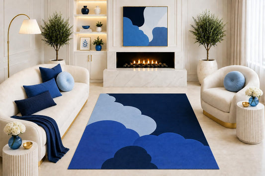 ICE ARMOR "Ultra Light Weight 5' x 7' Navy Blue Abstract Scallop Area Rug, Modern Cloud Geometric Design for Living Room Bedroom Dining Room Office, Non-Slip Silicone Backing Low Pile