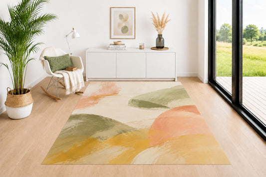 ICE ARMOR 5' x 7' Minimalist Horizon Area Rug, Sage Green Blush Beige and Cream Contemporary Artwork, Soft Low Pile Carpet for Living Room Bedroom Decor