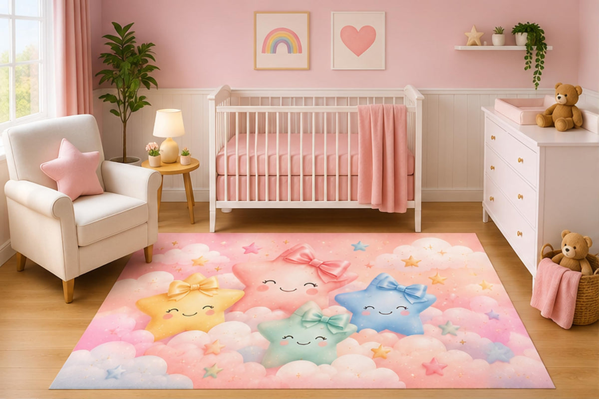 ICE ARMOR 5' x 7' Smiling Star Cloud Area Rug for Nursery Room, Cute Pastel Stars and Clouds Design for Baby Girl Bedroom Playroom Decor, Non-Slip Silicone Backing Low Pile
