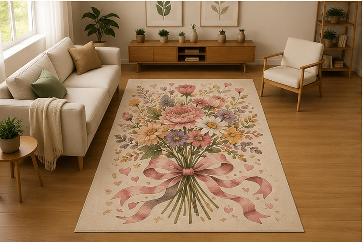ICE ARMOR 5' x 7' Elegant Floral Bouquet Area Rug for Living Room, Soft Low Pile Indoor Rug with Non-Slip Silicone Backing, Decorative Carpet for Bedroom, Dining Room, Office, Cream Pink
