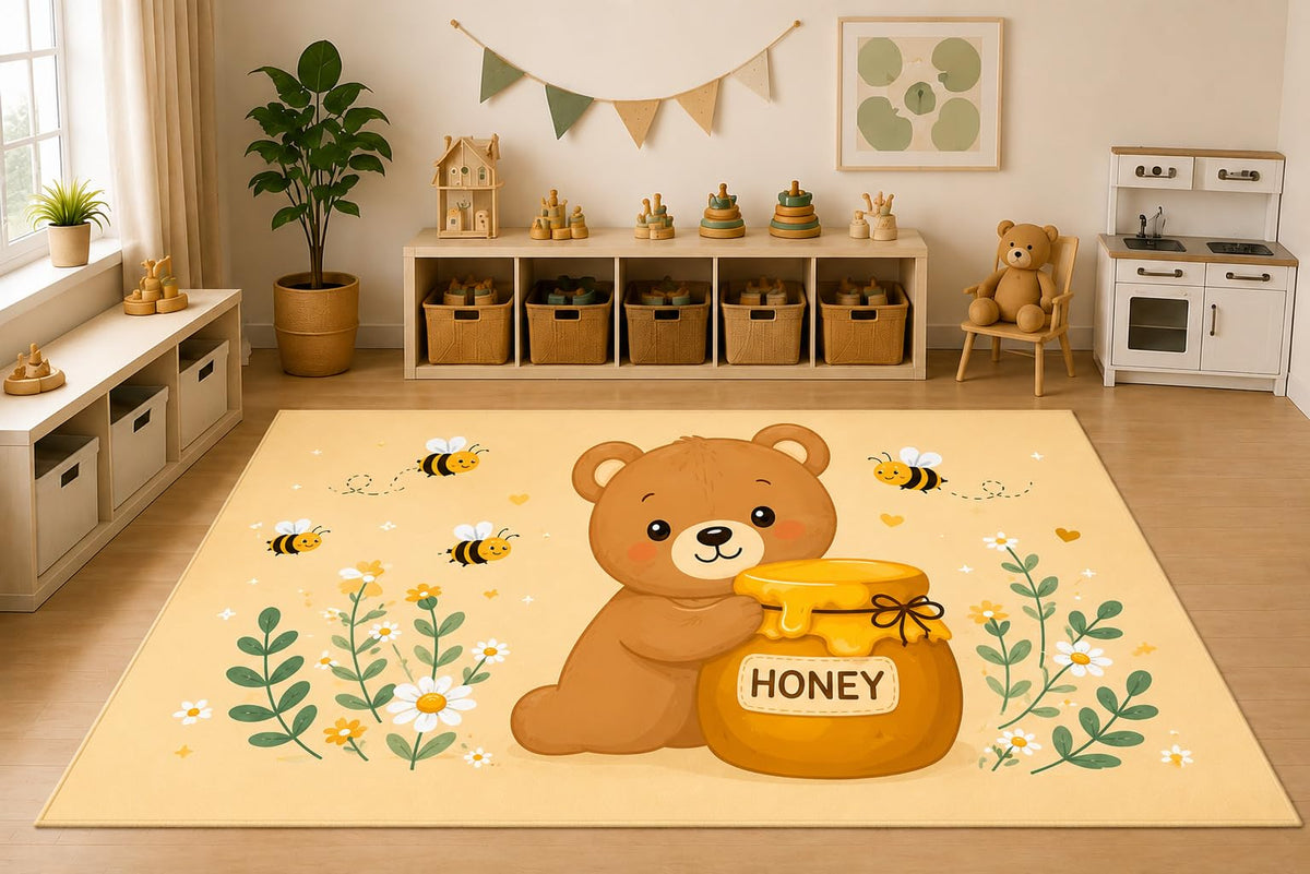 ICE ARMOR 5' x 7' Cute Bear Honey Bee Area Rug for Kids Playroom Nursery Bedroom, Pastel Woodland Animal Floral Cartoon Decorative Carpet, Non-Slip Silicone Backing Low Pile