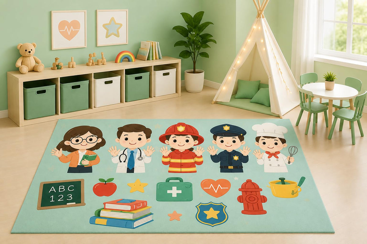 ICE ARMOR 5' x 7' Community Helpers Area Rug for Kids Playroom Nursery Bedroom, Teacher Doctor Firefighter Police Chef Educational Cartoon Decor, Non-Slip Silicone Backing Low Pile