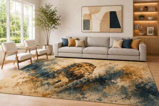 ICE ARMOR Large 6'7" x 9'10" Beige and Blue Abstract Lion Area Rug for Living Room, Soft Low Pile Carpet with Non-Slip Silicone Backing, Decor for Bedroom Dining Room and Home Office