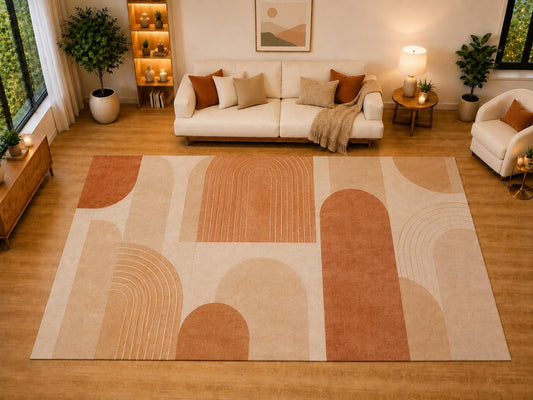 ICE ARMOR "Ultra Light Weight Large 6'7" x 9'10" Retro Arch Blocks Area Rug for Living Room, Bedroom, Dining Room, Soft Low Pile Non-Slip Backing, Terracotta Cream