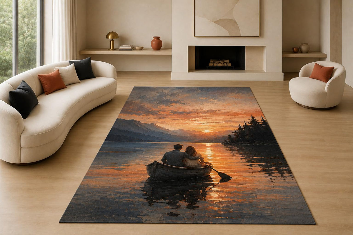 ICE ARMOR "Ultra Lightweight Large 6'7" x 9'10" Sunset Rowboat Couple Area Rug for Living Room, Bedroom and Home Office, Soft Low Pile Carpet with Non-Slip Silicone Backing, Orange and Gray