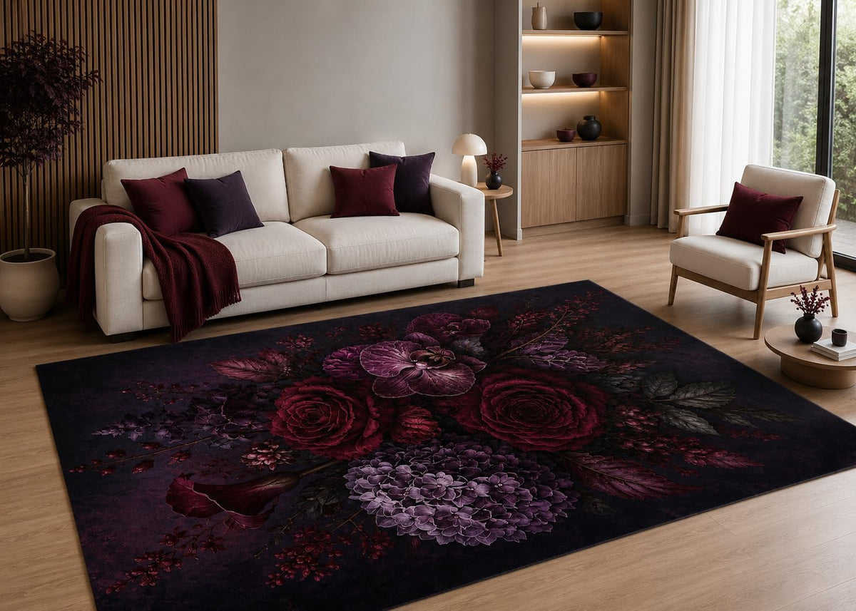 ICE ARMOR 5' x 7' Dark Floral Area Rug with Non-Slip Silicone Backing Low Pile Soft Carpet for Living Room Bedroom Gothic Burgundy Rose Bouquet Decor