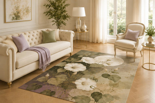 ICE ARMOR 5' x 7' Moonlit White Floral Area Rug for Living Room, Soft Low Pile Indoor Carpet with Non-Slip Backing for Bedroom, Dining Room, Office, Olive