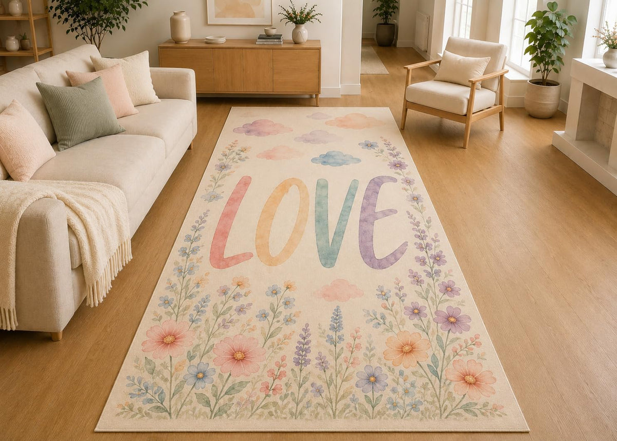 ICE ARMOR 5' x 7' Pastel Love Wildflower Area Rug, Soft Low Pile Indoor Rug with Non-Slip Silicone Backing for Nursery, Kids Room, Playroom, Kids & Pets, Cream Pink Blue