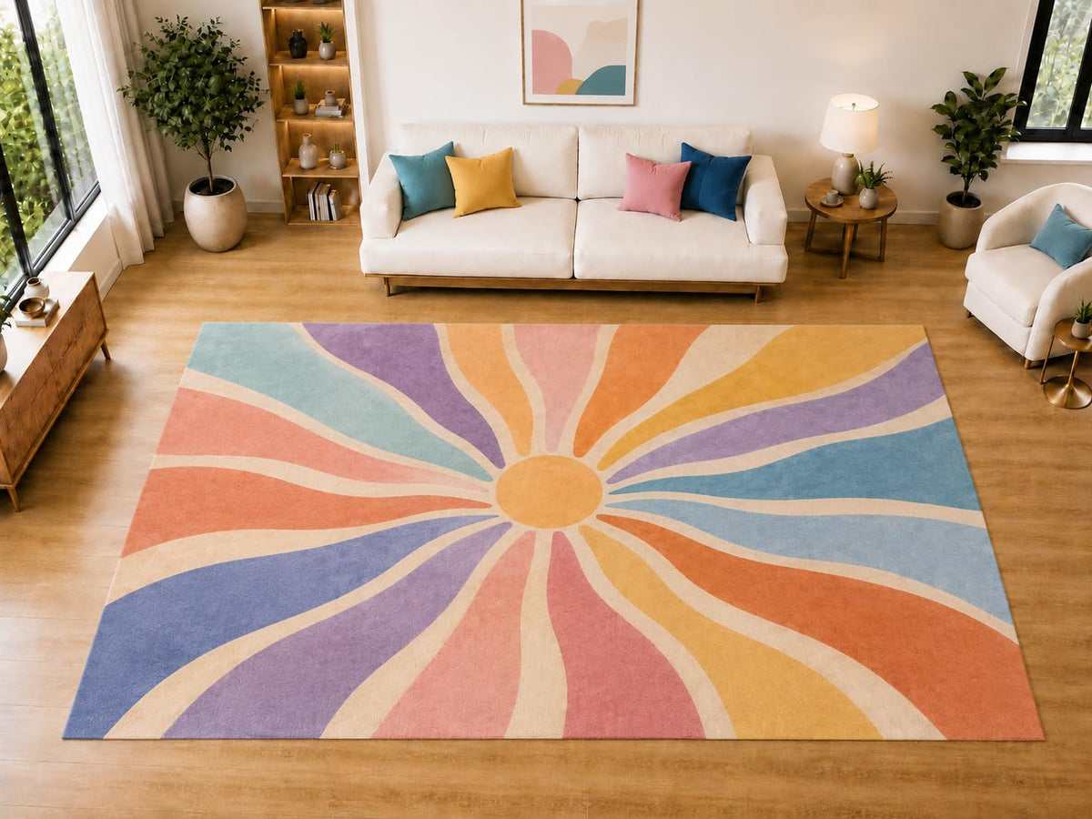 ICE ARMOR "Ultra Light Weight Large 6'7 x 9'10 Radiating Sunburst Stripes Area Rug for Living Room, Dining Room, and Bedroom, Soft Low Pile Indoor Rug, Cheerful Floor Decor