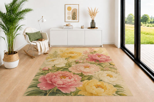 ICE ARMOR 5' x 7' Vintage Peony Floral Area Rug for Living Room, Soft Low Pile Indoor Rug with Non-Slip Backing, Botanical Carpet for Bedroom, Dining Room, Office, Pink Cream
