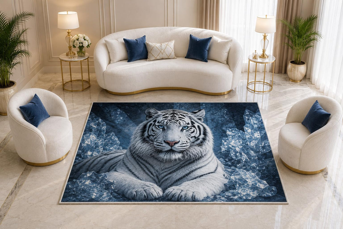 ICE ARMOR 5' x 7' White Tiger Area Rug, Majestic Wildlife Crystal Ice Blue Animal Design for Living Room Bedroom Game Room Decor, Non-Slip Silicone Backing Low Pile