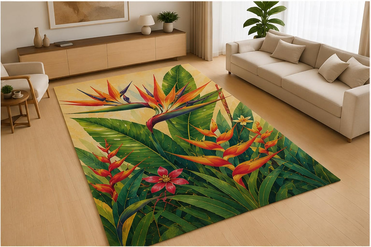 ICE ARMOR 5' x 7' Tropical Banana Leaves and Hibiscus Area Rug, Soft Low Pile Indoor Rug with Non-Slip Silicone Backing for Living Room, Bedroom, Dining Room, Family Room, Green