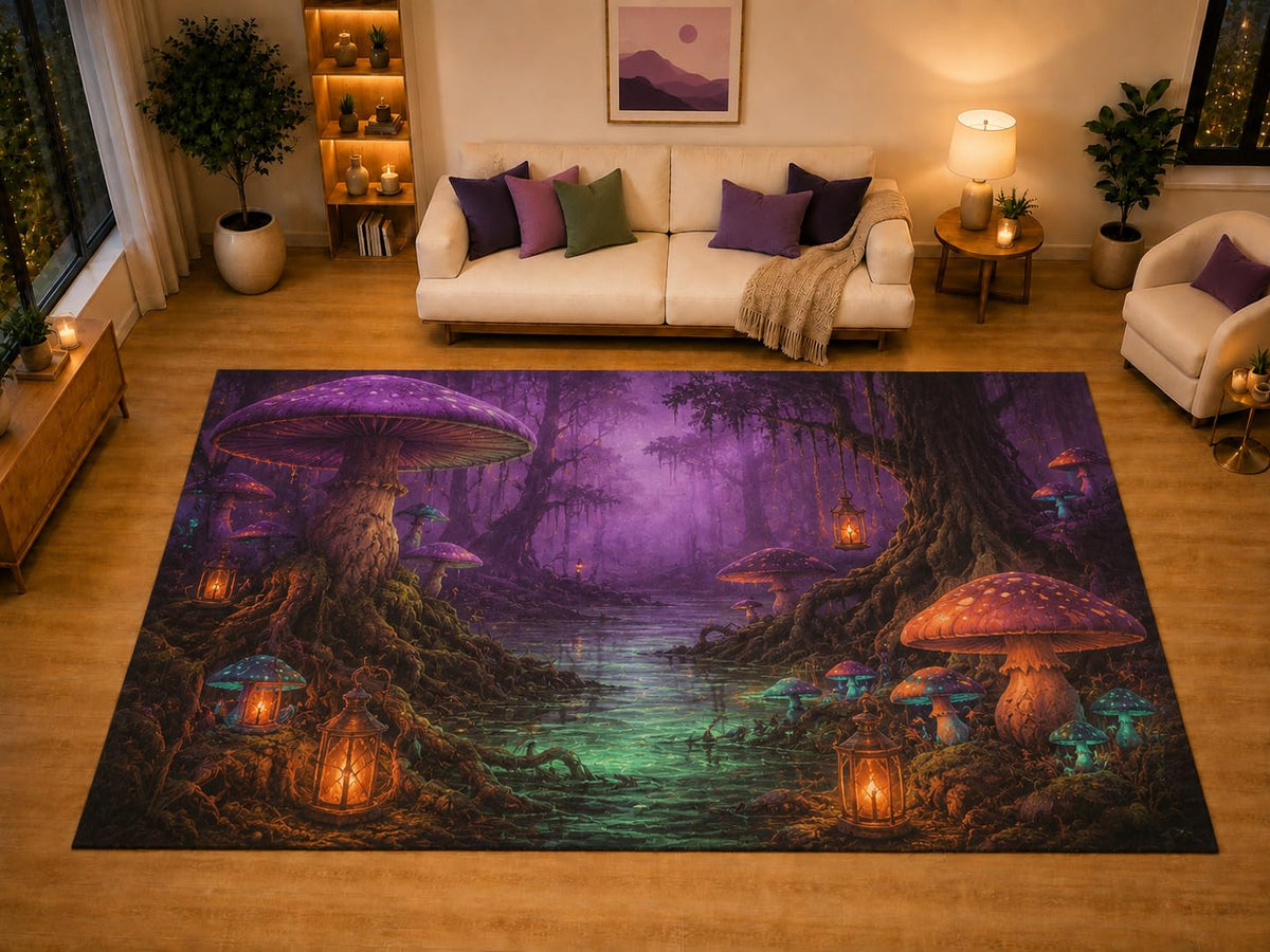 ICE ARMOR "Ultra Light Weight Large 6'7" x 9'10" Enchanted Mushroom Forest Area Rug for Living Room Bedroom Dining Area, Soft Low Pile Non-Slip Backing, Purple Orange Green Fantasy Halloween Decor