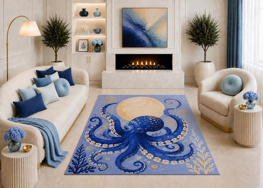 ICE ARMOR "Ultra Light Weight 5' x 7' Blue Octopus Moon Area Rug, Whimsical Coastal Ocean Sea Life Art for Living Room Bedroom Beach House Decor, Non-Slip Silicone Backing Low Pile