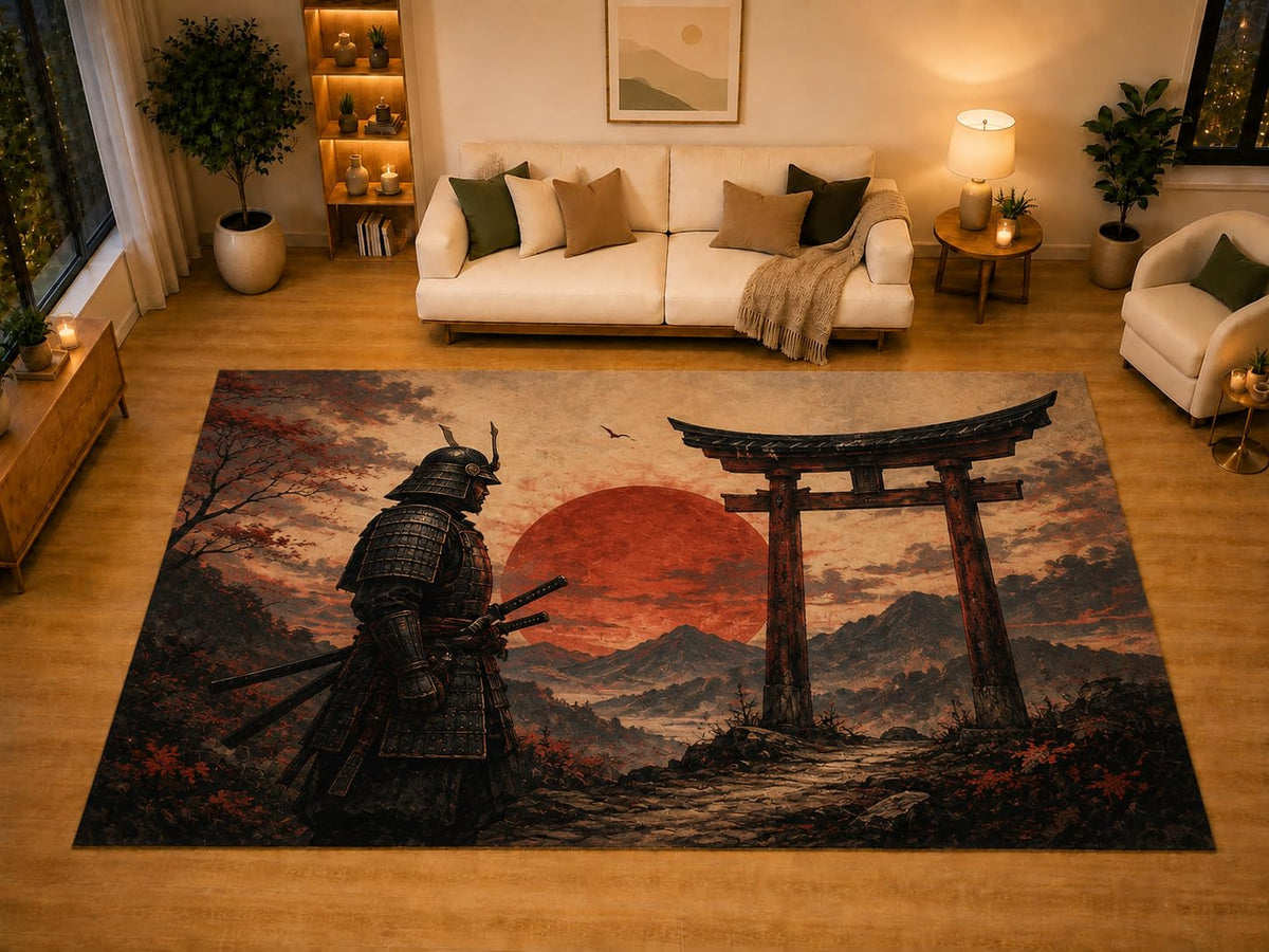 ICE ARMOR "Ultra Light Weight Large 6'7" x 9'10" Samurai Torii Gate Area Rug for Living Room Bedroom Dining Area, Soft Low Pile Non-Slip Backing, Red Black Beige Japanese Warrior Decor