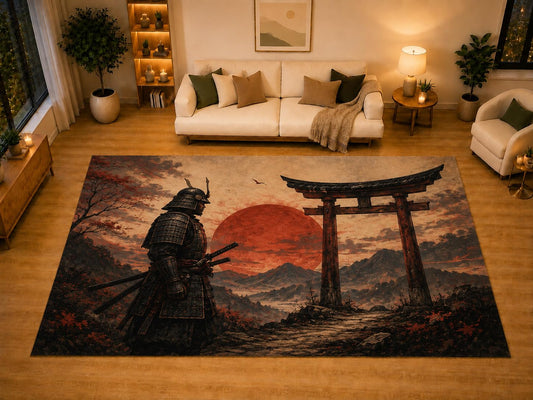 ICE ARMOR "Ultra Light Weight Large 6'7" x 9'10" Samurai Torii Gate Area Rug for Living Room Bedroom Dining Area, Soft Low Pile Non-Slip Backing, Red Black Beige Japanese Warrior Decor