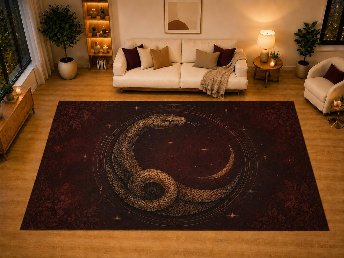ICE ARMOR "Ultra Light Weight Large 6'7" x 9'10" Snake Crescent Moon Celestial Area Rug for Living Room Bedroom, Soft Low Pile Non-Slip Backing, Burgundy Black Gothic Mystical Decor