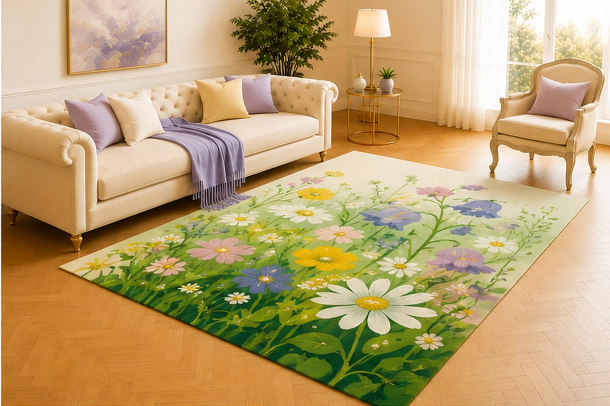 ICE ARMOR 5' x 7' Pastel Meadow Rug, White, Yellow, Pink and Lavender Wildflowers on Soft Green, Airy Decor for Bedroom, Nursery, Sunroom or Reading Area